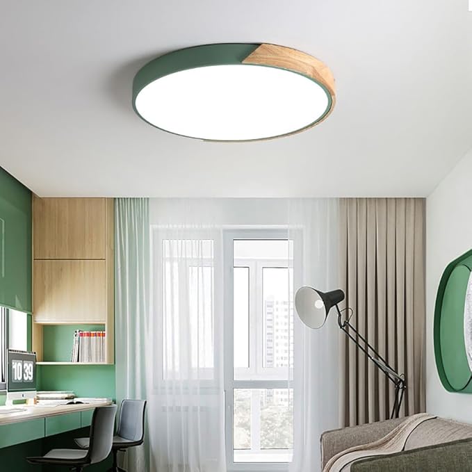 LED Ceiling Light Fixture,10 Inch Modern Wood Recessed Ceiling Lights,3000K-6000K Dimmable Light,12W Green Close to Ceiling Lighting Flush Mount for Bedroom Living Room