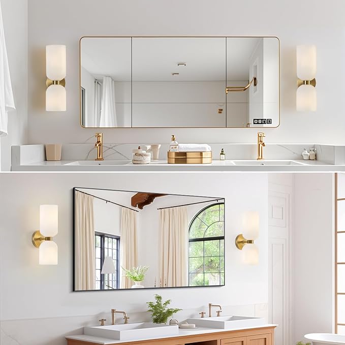 Modern Glass Wall Sconces- Double Head Wall Lighting with Long Short Glass Shades- Bathroom Vanity Light Mid-Century Up Down Hardwired Wall Lamp Indoor for Bedroom Hallway Living (Gold-White)