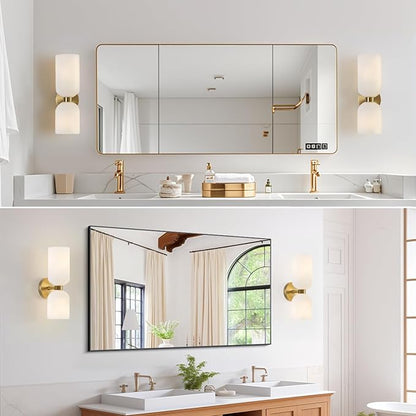 Modern Glass Wall Sconces- Double Head Wall Lighting with Long Short Glass Shades- Bathroom Vanity Light Mid-Century Up Down Hardwired Wall Lamp Indoor for Bedroom Hallway Living (Gold-White)