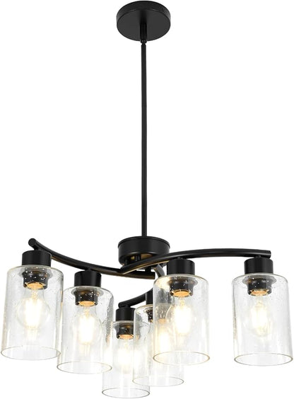 6-Light Modern Chandelier Black Chandeliers for Dining Room Seeded Glass Pendant Lights for Kitchen Island Living Room Foyer Bedroom E26 Base