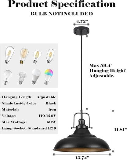 Black Pendant Light,16 Inch Large Industrial Pendant Lights, Matte Black Pendant Lights Kitchen Island, Vintage Farmhouse Pendant Light for Kitchen Island, Dining Room, Hallway (1 Pack)