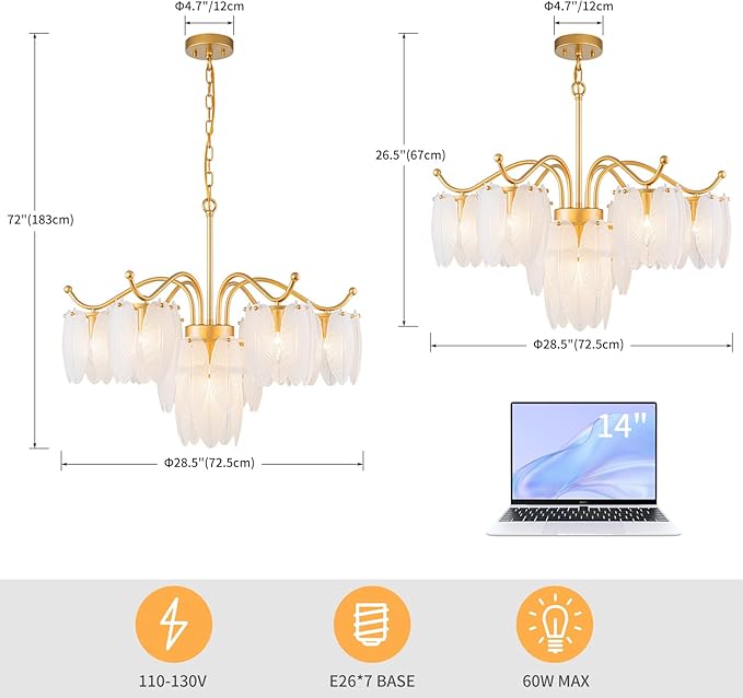 LumFurn D29inch Glass Chandelier, 7-Light Modern Pendant Light Fixture for Dining Room, Living Room, D29 x H27~72 inch Adjustable Height, Frosted Feather-Shaped Glass Shade & Brass Finish Frame