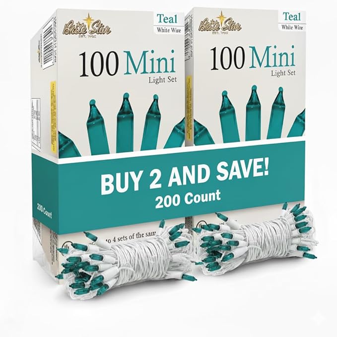 Brite Star 100 Count Mini String Christmas Lights, Teal - 22 feet Indoor/Outdoor Christmas Tree Lights with White Wire (Set of 2)