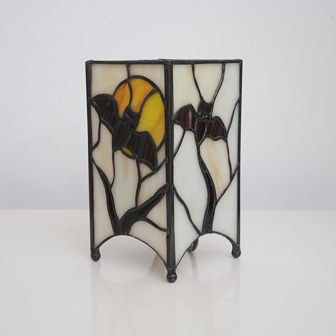 Tiffany Lamp Halloween Red Bat in Moon Small Bedside Lamp Antique Style Stained Glass Desk Light for Home Decor Boys Girls Christmas Halloween Gifts