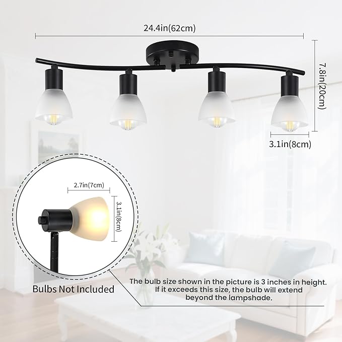 KEESFU 4 Light Track Lighting Fixtures Ceiling Kit,Adjustable Kitchen Ceiling Light with Glass Shade,Modern Black Track Light for Kitchen Over Sink Bedroom Hallway Living Room,E12base