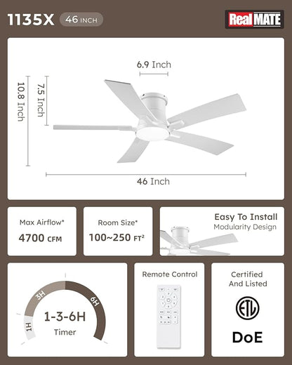 46 Inch Ceiling Fans with Lights and Remote, White Low Profile Ceiling Fan, Flush Mount Style with 5 Blades, For Indoor Bedroom Living Room/Outdoor, 6 Speed Reversible DC Motor, 3CCT Dimmable LED