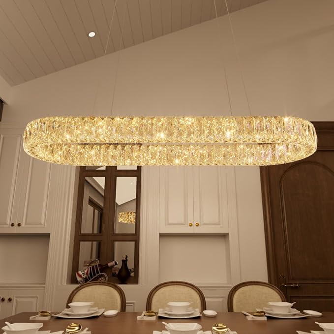HAIXIANG LED Long Chandeliers for Dining Table Modern Chandelier Dimmable Pendant Lights Crystal Rectangular Glam Lighting Fixtures for Dining Room Kitchen Island Gold