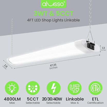 ALUSSO® LED Shop Lights 4FT for Garage, 4800LM Super Bright, Adjustable 2700K 3000K 4000K 5000K 6500K, 120V, Warm to Cool Daylight Linkable Shop Lights for Workshop/Basement, ETL Listed, 2 Pack