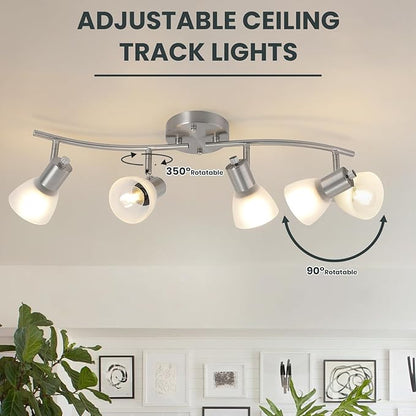 KEESFU 4 Light Nickel-Finish Track Lighting Fixture with Adjustable Directional Heads and Frosted Glass Shades – Ideal for Kitchen, Hallway, Living Room & Bathroom Vanity Lighting (Bulbs Not Included)