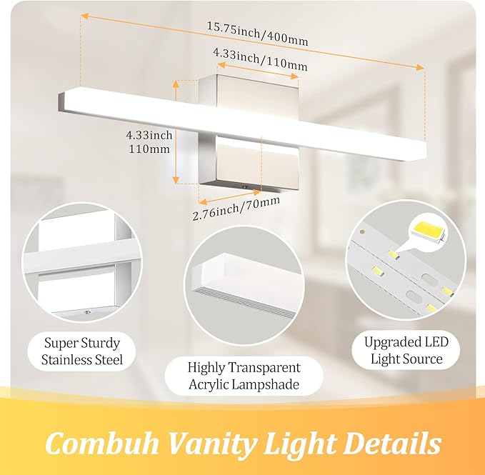 Combuh Modern Bathroom Vanity Light Fixtures Above Mirror Soft Shadow Free Lighting, 16 Inch 9W Small Space Sink Wall Lamp Bars Restroom Lámparas para Baños Sobre Espejo Chrome Natural White 4000K