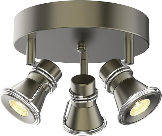 3-Light Dimmable LED Ceiling Spotlight, Industrial Gunmetal Finish Round Flush Mount Ceiling Light Fixture, Adjustable Heads with Directional Track Lighting (LED Bulbs Included)