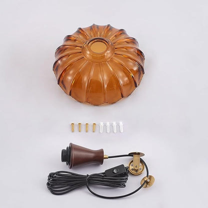 YLONG-ZS Plug in Pendant Light,Hanging Light Plug in Vintage Flower Glass Walnut Wood Pendant Light, Modern Gold Pulley Hanging Lamp for Kitchen Island, Bedroom, Dining Room, Living Room，Corner