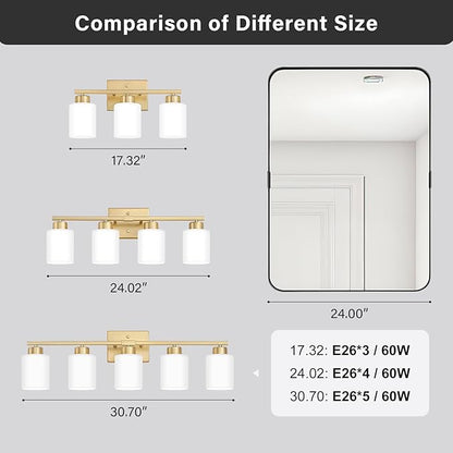 FonmYim Gold Bathroom Light Fixtures, 4-Light Modern Vanity Light Over Mirror, Wall Sconces with Milky White Frosted Glass Shades, E26 Socket (Bulbs Not Included)