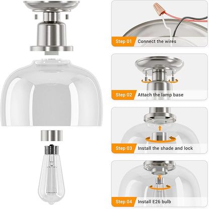 EAPUDUN Semi Flush Mount Ceiling Light, Modern Light Fixture with Clear Glass Shade, Brushed Nickel Finish for Hallway Corridor Kitchen Bathroom Bedroom Passway, FMA1123-BNK