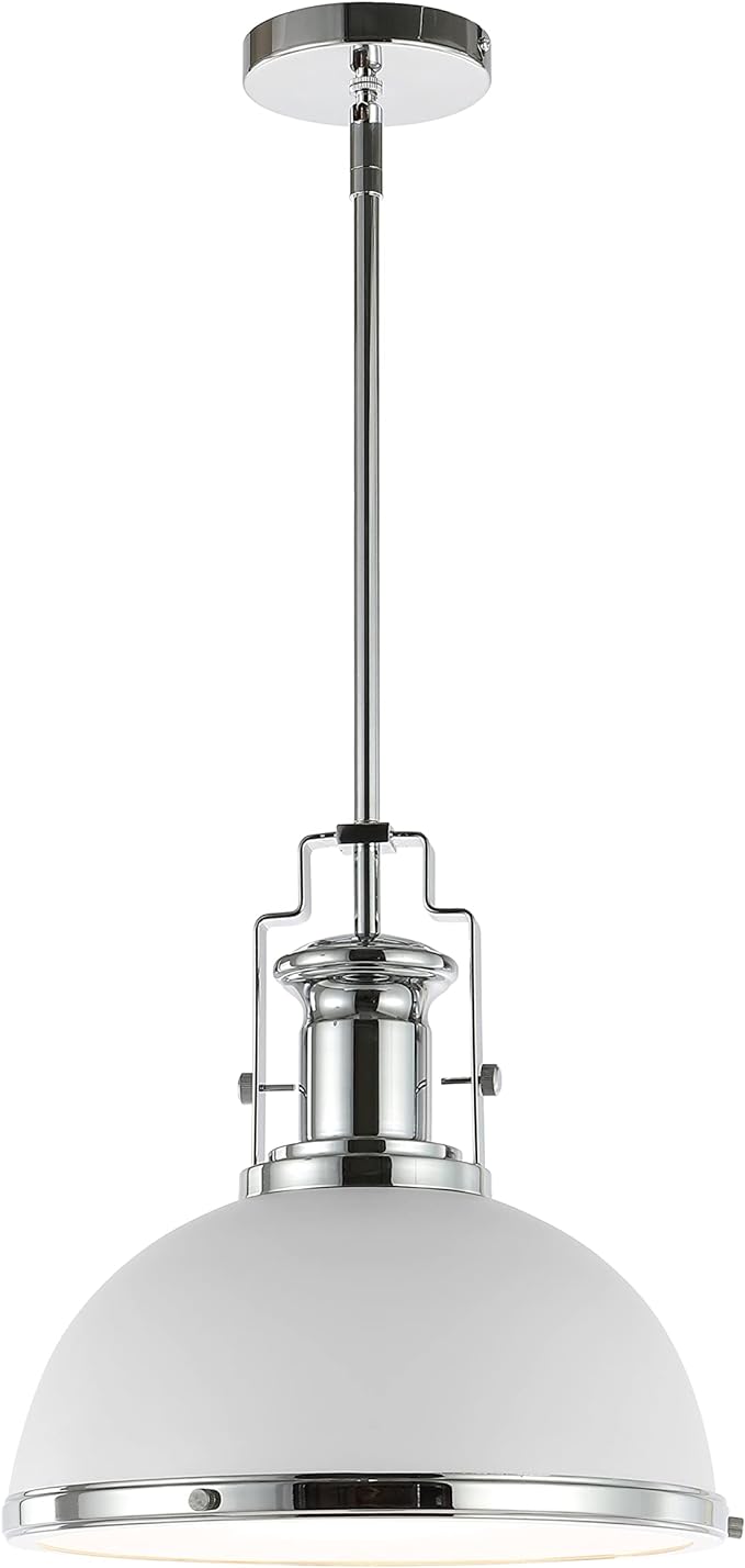 JONATHAN Y 13" Chrome/White Modern Industrial Iron LED Dome Pendant Light, Adjustable Hanging Fixture for Kitchen Island or Entryway, White Metal Shade, LED Bulb Included (JYL9536C)