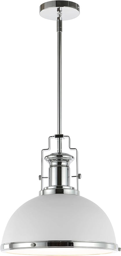 JONATHAN Y 13" Chrome/White Modern Industrial Iron LED Dome Pendant Light, Adjustable Hanging Fixture for Kitchen Island or Entryway, White Metal Shade, LED Bulb Included (JYL9536C)