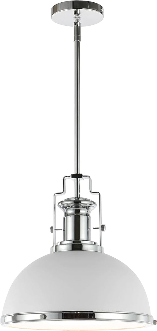 JONATHAN Y 13" Chrome/White Modern Industrial Iron LED Dome Pendant Light, Adjustable Hanging Fixture for Kitchen Island or Entryway, White Metal Shade, LED Bulb Included (JYL9536C)