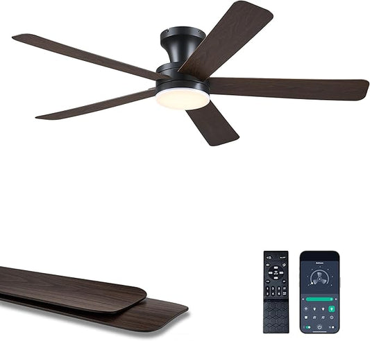 Ayaoty 46" Ceiling Fans with Lights and Remote - Flush Mount Ceiling Fan Light with ABS Blades and 3CCT Dimmable, Reversible, Low Profile Fan Light for Indoor Modern Bedroom, Kitchen, Brown