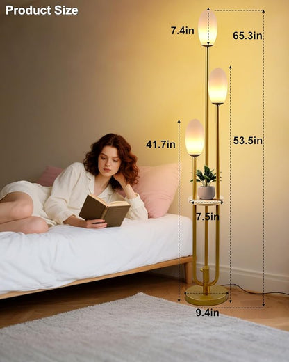 Gold Dimmable Floor Lamp with Table, UniqueTall Standing Lamps with 3000K G9 Bulbs for Reading, Mid Century Modern Floor Lamp with 5Lbs Heavy Base for Living Room Bedroom Office