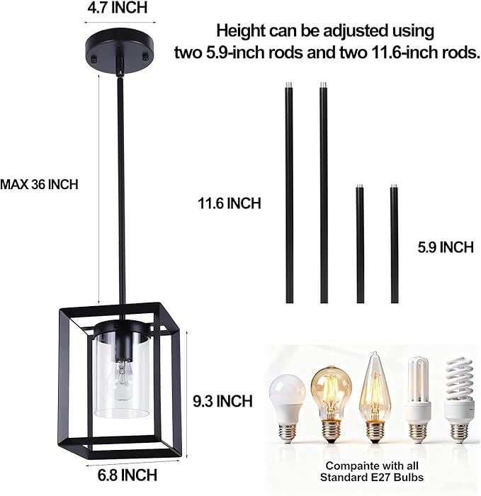 3 Pack Black Pendant Lights for Kitchen Island, Farmhouse 1-Light Iron Cage Metal Hanging Light with Clear Glass Shade, Industrial Lighting Fixtures for Living Room Bedroom Hallway Foyer
