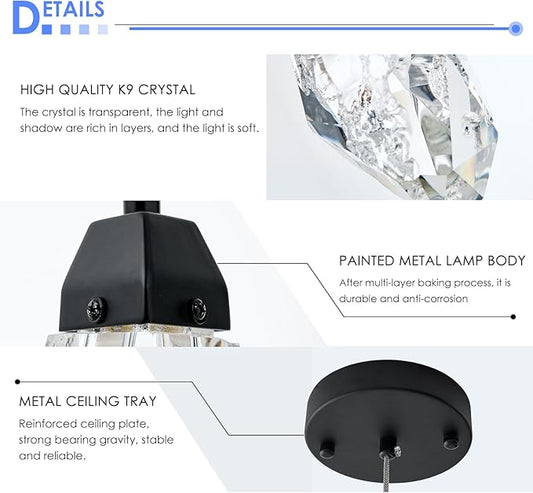 Black Crystal Pendant Light with Prism Crystals and LED Enhance Kitchen Island, Bathroom, Bedroom, and Bar Ambiance