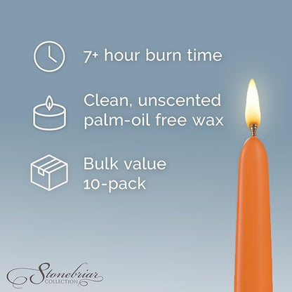 Stonebriar Unscented Taper Candles – 7 Hour Burn Time, Long-Lasting Wax Candles for Weddings, Holidays, Home Décor & Special Events, Pack of 10, Orange, 10"