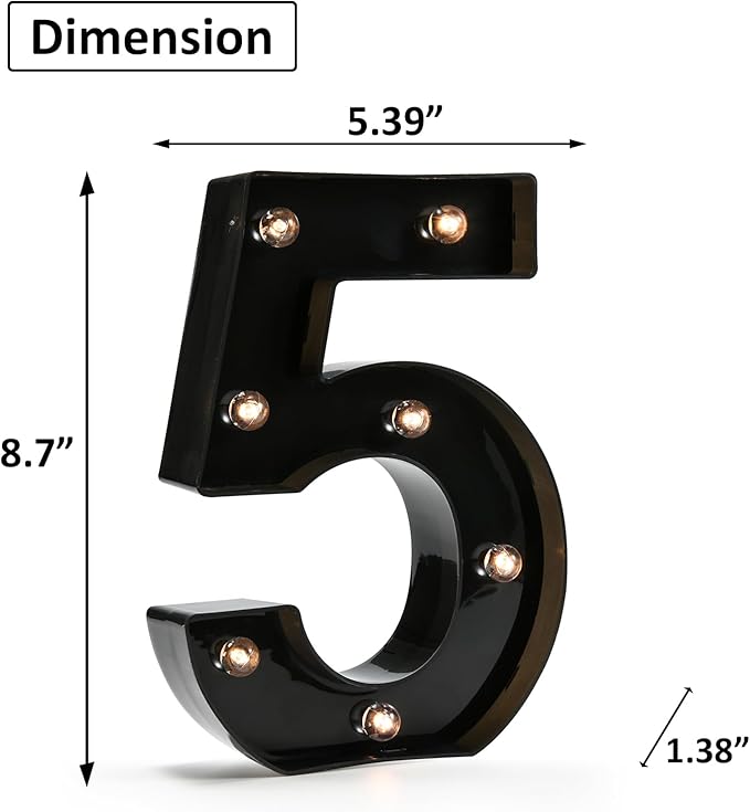 Light Up Black Alphabet Marquee Number Sign LED Marquee Number Lights Sign for Night Light Home Bar Christmas Lamp Birthday Party Wedding Decoration 5