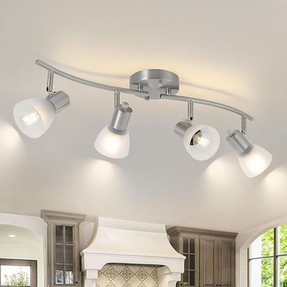 KEESFU 4 Light Nickel-Finish Track Lighting Fixture with Adjustable Directional Heads and Frosted Glass Shades – Ideal for Kitchen, Hallway, Living Room & Bathroom Vanity Lighting (Bulbs Not Included)
