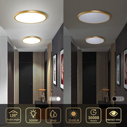 12 Inch Gold LED Ceiling Light Flush Mount, 5000K Daylight White Flat LED Ceiling Light, 24W 3200LM, Round Flat Gold Light Fixture for Bedroom, Kitchen, Hallway (2 Pack)