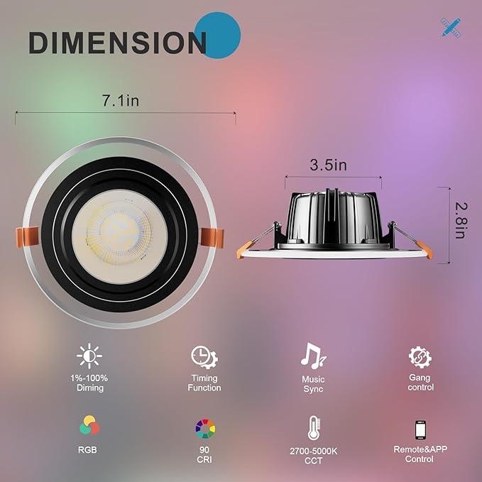 Lightdot 6 Inch Smart Recessed Lighting, 36° Spotlight + RGB Halo Ring, Dual-Zone Control, Full Metal RGBWW Color Changing LED Canless Downlight with Junction Box, Remote&App, 100-277V, 8Pack-ETL