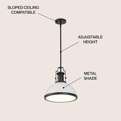 JONATHAN Y 13" Matte Black/White Modern Industrial Iron LED Dome Pendant Light, Adjustable Hanging Fixture for Kitchen Island or Entryway, White Metal Shade, LED Bulb Included (JYL9536E)