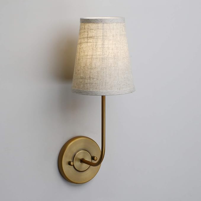 Pathson Set of 2 Vintage Wall Sconces Linen Fabric Shade, Hardwired Bathroom Vanity Lights Brass Finish, Industrial Wall Mounted Fixtures for Bedroom Living Room (Antique Brass)