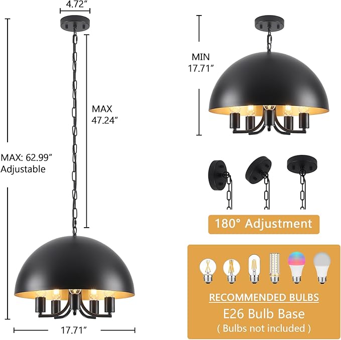 Black and Gold Ceiling Light - 17.7 Inch Black Large Farmhouse Dome Dining Room Chandelier 5-Lights Kitchen Island Pendant Hanging Lighting Modern Foyer Entryway Hallway