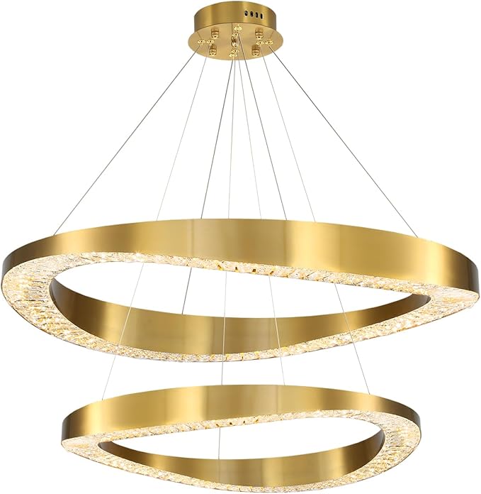 Gold Plated Crystal Chandelier for Living Room 2 Rings D20''+D28'' 120W Modern Gold Ceiling Lights for Dining Room, Hotel Dimmable 2700k 4500k 6000k