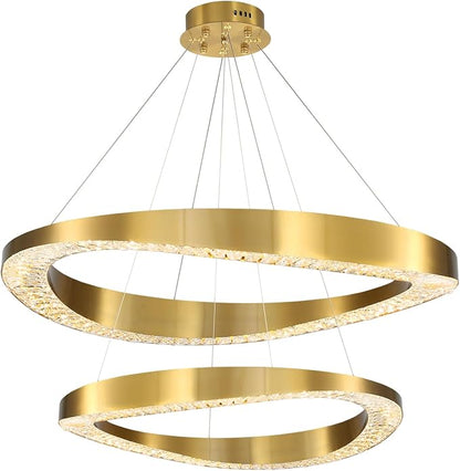 Gold Plated Crystal Chandelier for Living Room 2 Rings D20''+D28'' 120W Modern Gold Ceiling Lights for Dining Room, Hotel Dimmable 2700k 4500k 6000k