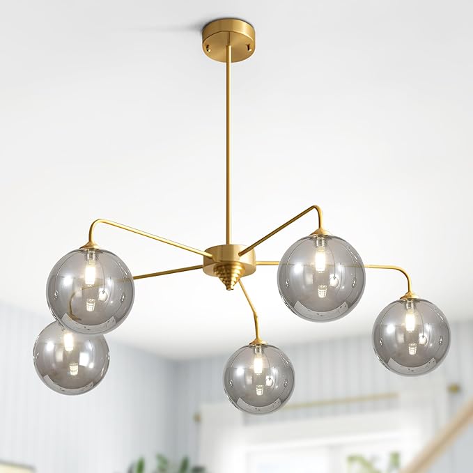 5-Light Gold Sputnik Chandelier, Mid Century Modern, Smoke Gray Glass Shade, Kitchen, Dining, Bedroom, 38.6" L x 30.7" H