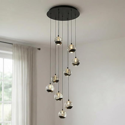 9-Light Modern Black Glass Globe Chandelier, Hanging Cluster Pendant Light Kitchen Island & Foyer Chandelier, Warm White 3000K, 4230 Lm, LED Modern Chandelier, Ø 15.75 in