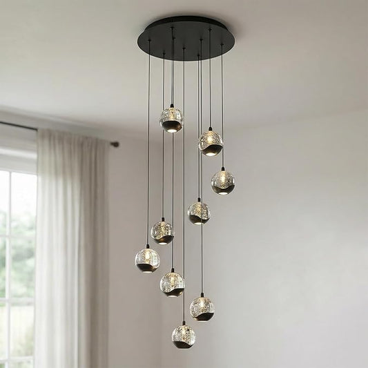 9-Light Modern Black Glass Globe Chandelier, Hanging Cluster Pendant Light Kitchen Island & Foyer Chandelier, Warm White 3000K, 4230 Lm, LED Modern Chandelier, Ø 15.75 in