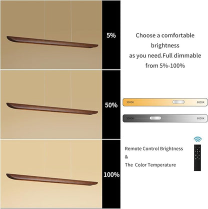 39" Wood Linear Pendant Light Modern Dimmable Kitchen Island Lighting with Remote 24W LED Island Lights Adjustable Linear Chandelier for Dinning Room Light Fixture, Bar, Pool Table Light Walnut Color