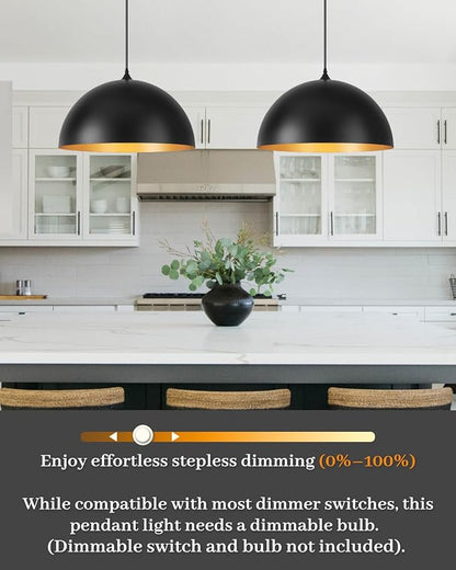 Black Pendant Lights Kitchen Island, 16 Inch Black and Gold Dome Pendant Light, Modern Farmhouse Pendant Light for Kitchen Island, Dining Room, Cafe, Bar, 2 Pack