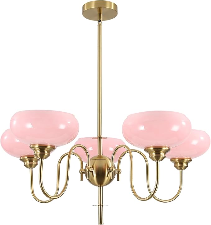 BOKT Pink Sputnik Chandelier Gold 5-Lights Semi Flush Mount Ceiling Light Pink Globe Chandelier Pendant Lighting Vintage Large Pendant Light Farmhouse Industrial Hanging Ceiling Light