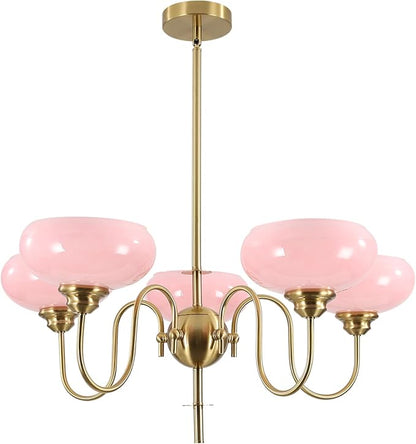 BOKT Pink Sputnik Chandelier Gold 5-Lights Semi Flush Mount Ceiling Light Pink Globe Chandelier Pendant Lighting Vintage Large Pendant Light Farmhouse Industrial Hanging Ceiling Light