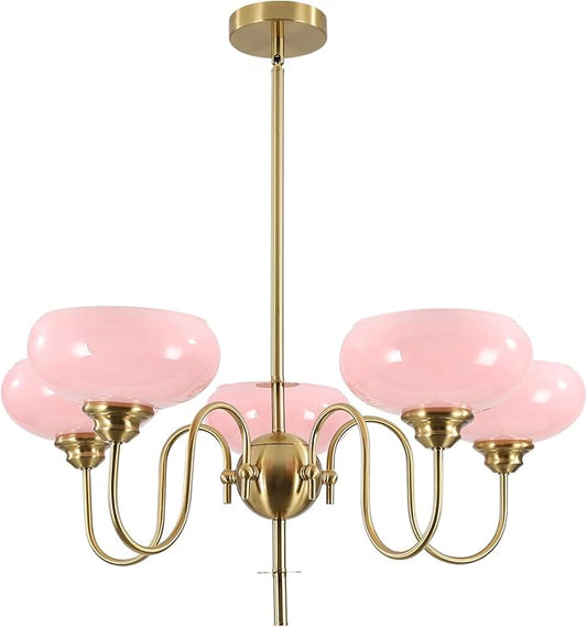 BOKT Pink Sputnik Chandelier Gold 5-Lights Semi Flush Mount Ceiling Light Pink Globe Chandelier Pendant Lighting Vintage Large Pendant Light Farmhouse Industrial Hanging Ceiling Light