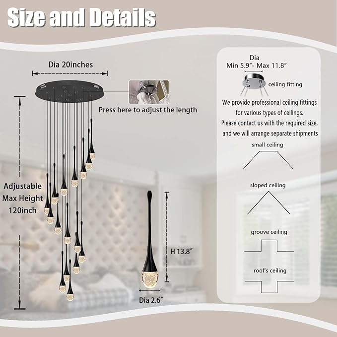 ykolupty Modern Crystal Chandeliers LED Dimmable Stairwell Chandelier Black Teardrop Chandelier Large Pendant Light for Entryway Foyer Living Room