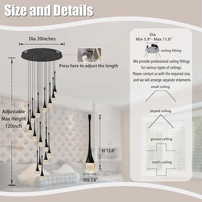 ykolupty Modern Crystal Chandeliers LED Dimmable Stairwell Chandelier Black Teardrop Chandelier Large Pendant Light for Entryway Foyer Living Room