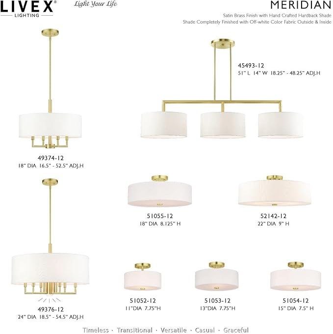 Livex Lighting 51054-12 Meridian Collection 3-Light Semi Flush Mount Ceiling Light with Off-White Hardback Fabric Shade, Satin Brass