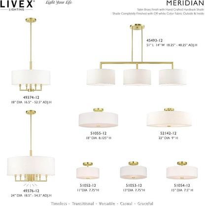 Livex Lighting 51054-12 Meridian Collection 3-Light Semi Flush Mount Ceiling Light with Off-White Hardback Fabric Shade, Satin Brass