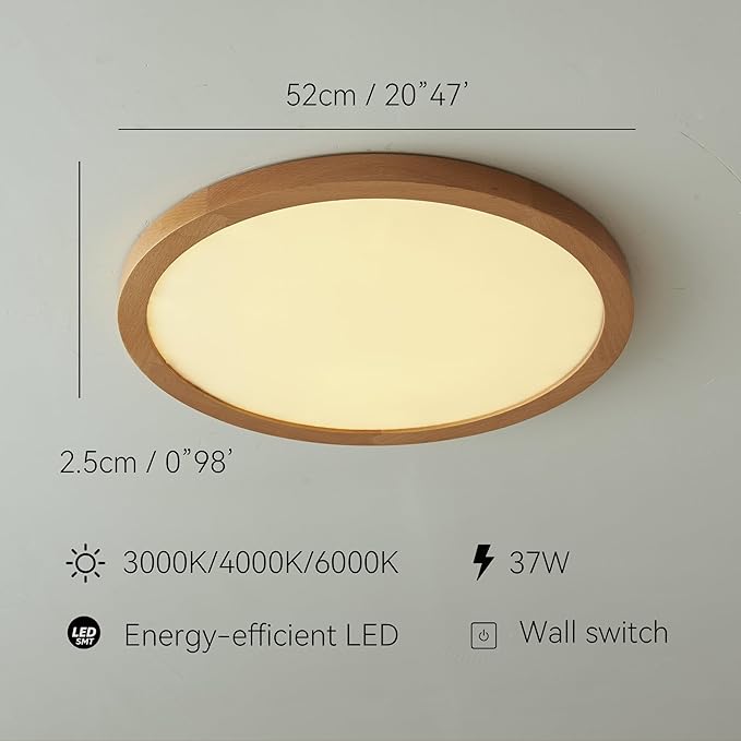 Ultra-Thin LED Ceiling Light Fixture 20.47", Handcrafted Walnut Wood Modern Wabi-Sabi Style, Slim 2.5cm Profile, 37W LED 3000K-4000K-6000K, Round Minimalist Lamp for Bedroom Kitchen Hallway