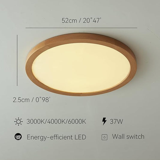 Ultra-Thin LED Ceiling Light Fixture 20.47", Handcrafted Walnut Wood Modern Wabi-Sabi Style, Slim 2.5cm Profile, 37W LED 3000K-4000K-6000K, Round Minimalist Lamp for Bedroom Kitchen Hallway