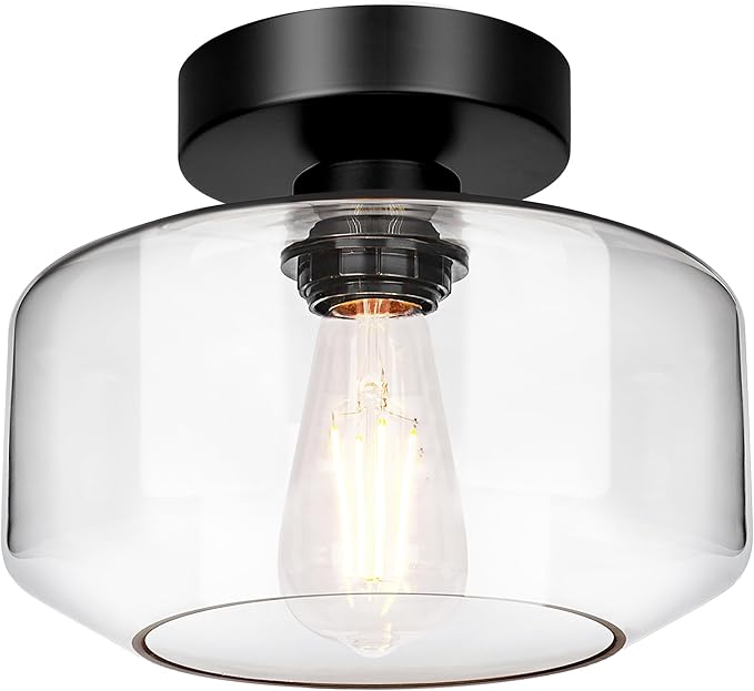 Lynnoland Industrial Semi Flush Mount Ceiling Light Black, Clear Glass Shade Ceiling Light Fixture, Farmhouse Light Fixtures for Hallway Corridor Kitchen Bathroom Bedroom Passway Foyer